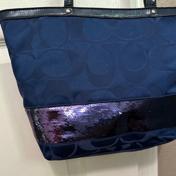 Coach F17574 Signature Tote Handbag Satin Purple Sequins Medium Blue - Picture 3 of 6